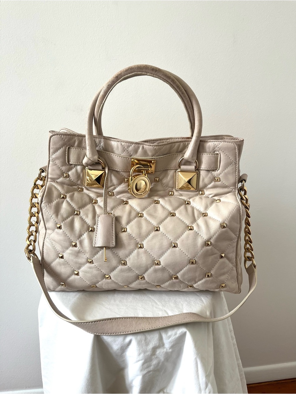Michael Kors Hamilton Quilted Cream Leather Satchel with Gold Studs